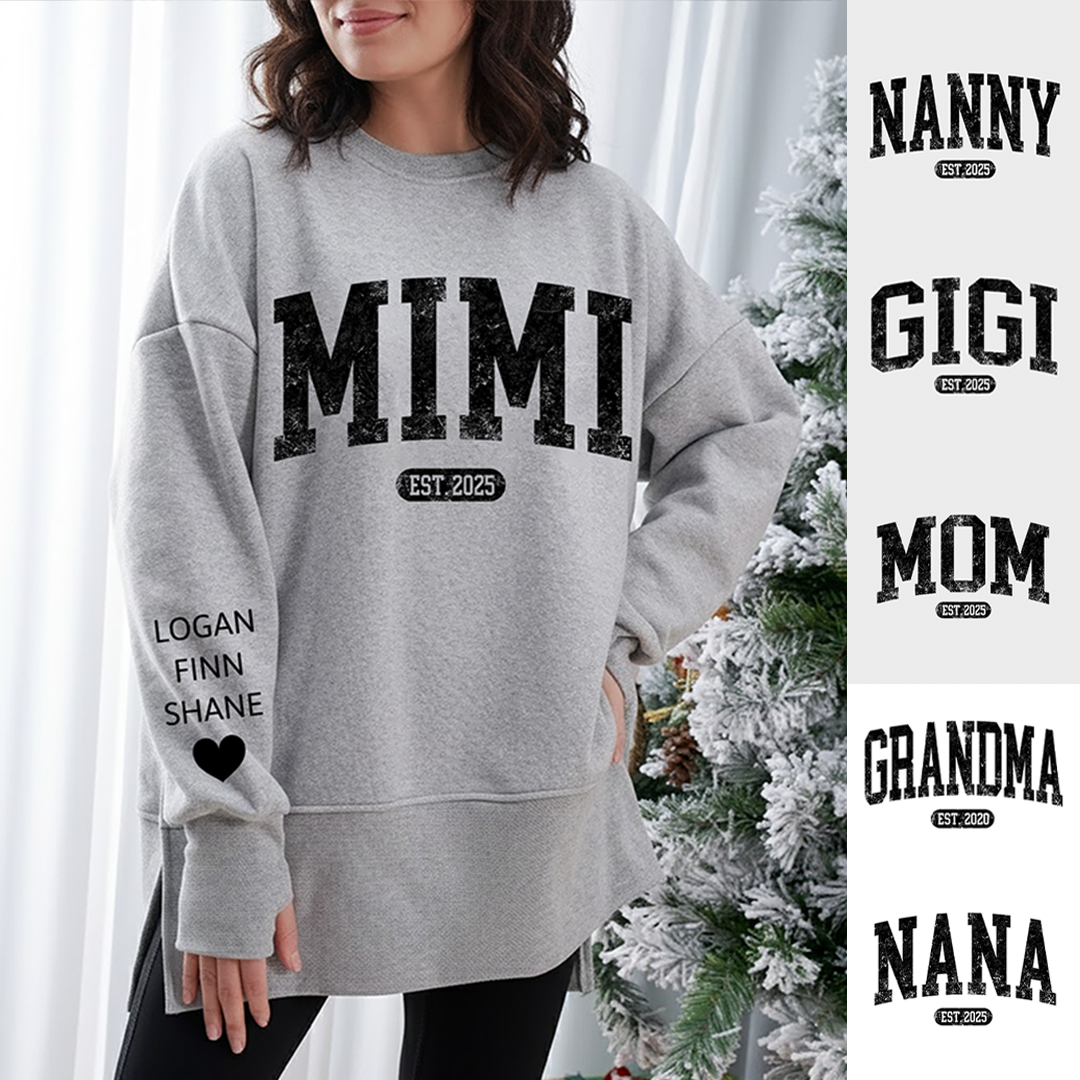 Personalized Mama Est And Kids Women Oversized Sweatshirts Thumbhole Long Sleeve, Thumbhole Fall Side Slit Pullover Sweatshirt Oversized