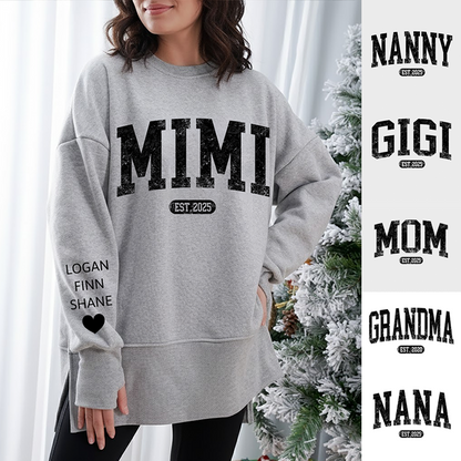 Personalized Mama Est And Kids Women Oversized Sweatshirts Thumbhole Long Sleeve, Thumbhole Fall Side Slit Pullover Sweatshirt Oversized