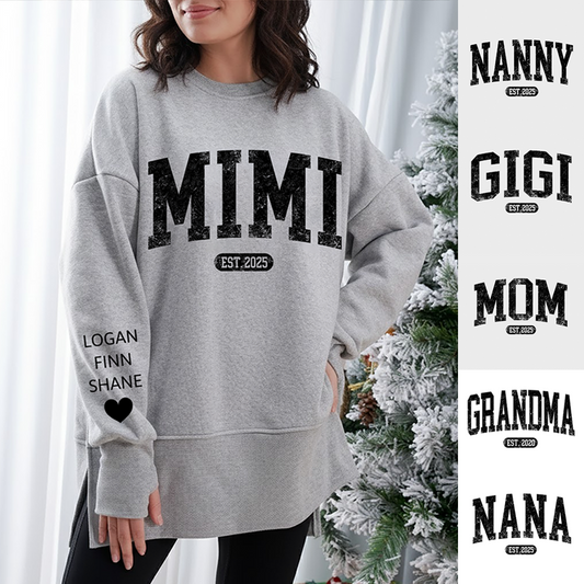 Personalized Mama Est And Kids Women Oversized Sweatshirts Thumbhole Long Sleeve, Thumbhole Fall Side Slit Pullover Sweatshirt Oversized