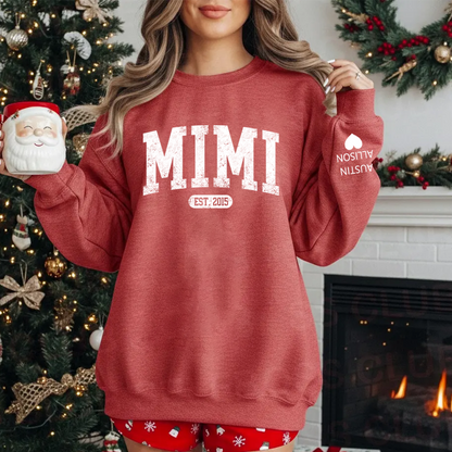 Personalized Mimi EST. 2025 Sweatshirt – Custom Grandkids' Names on Sleeve – Cute Gift for Grandma Christmas