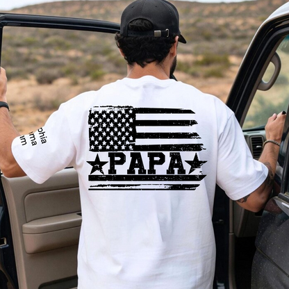 Personalized Papa T-Shirt with Custom Kids Names Option, American Flag Patriotic Design for Dad, Fathers Day Birthday Gift, Family Celebration Shirt