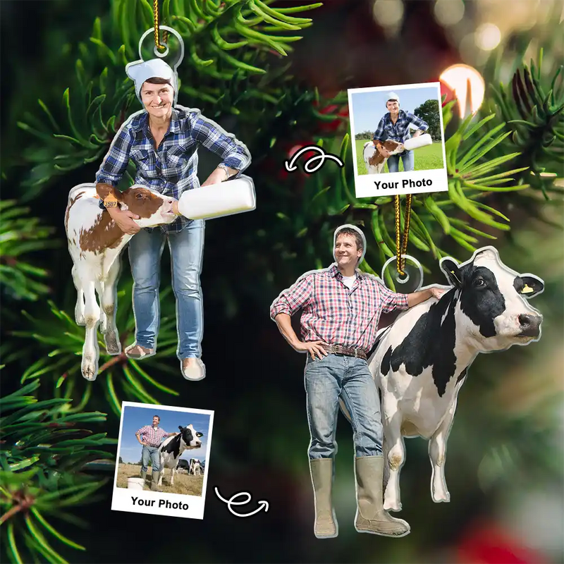 Personalized Christmas Cow Ornament 2025, Custom Photo Acrylic Decoration, Unique Holiday Gift For Farmers And Animal Lovers
