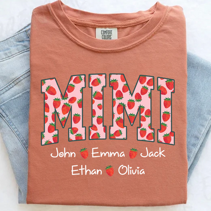 Comfort Colors® Personalized Mimi Strawberry Shirt, Custom Grandma Shirt with Grandkids Names, Cute Strawberry Graphic T-Shirt
