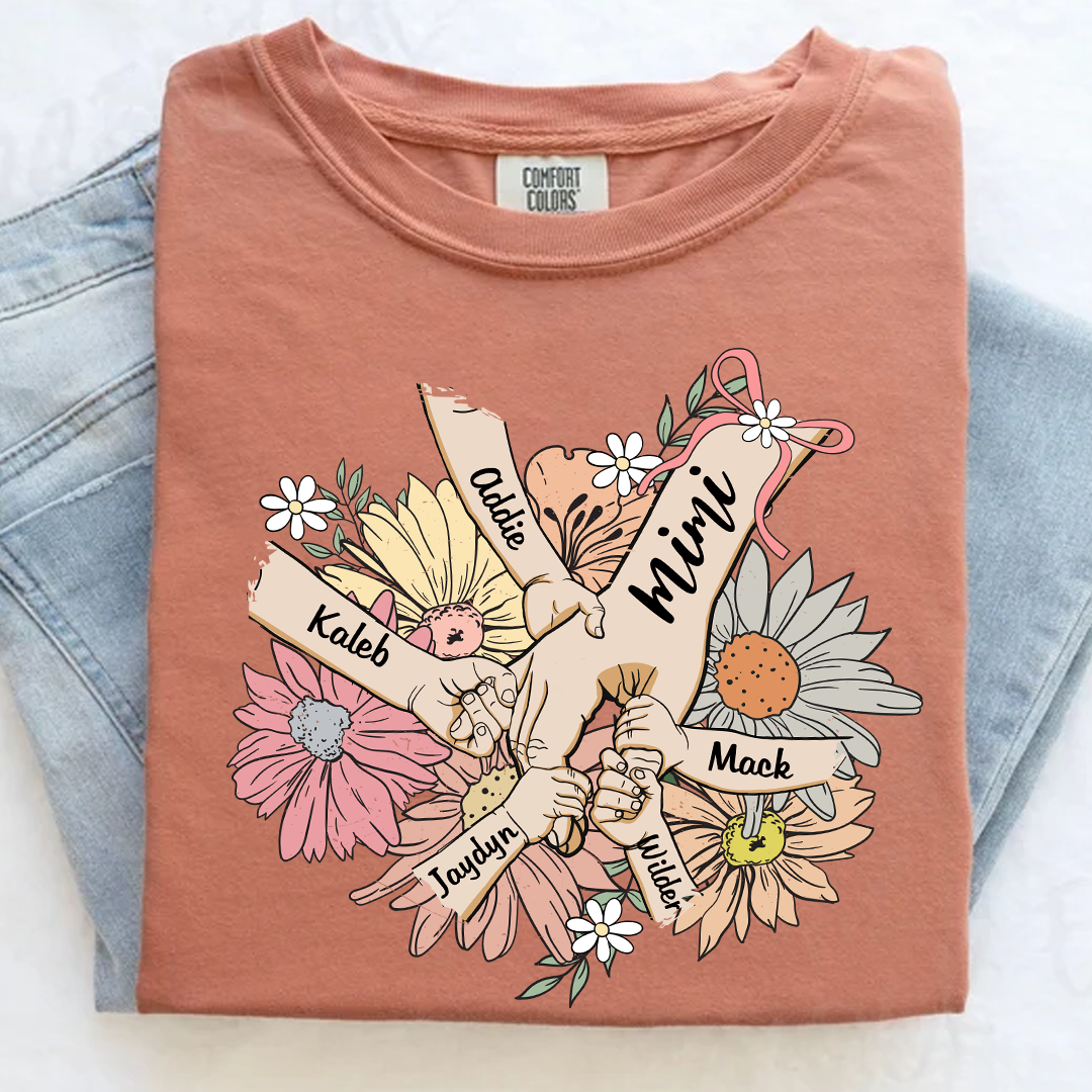 Comfort Colors® Grandma Hands Retro Floral T-Shirt, Custom Grandma With Grandkids Shirt