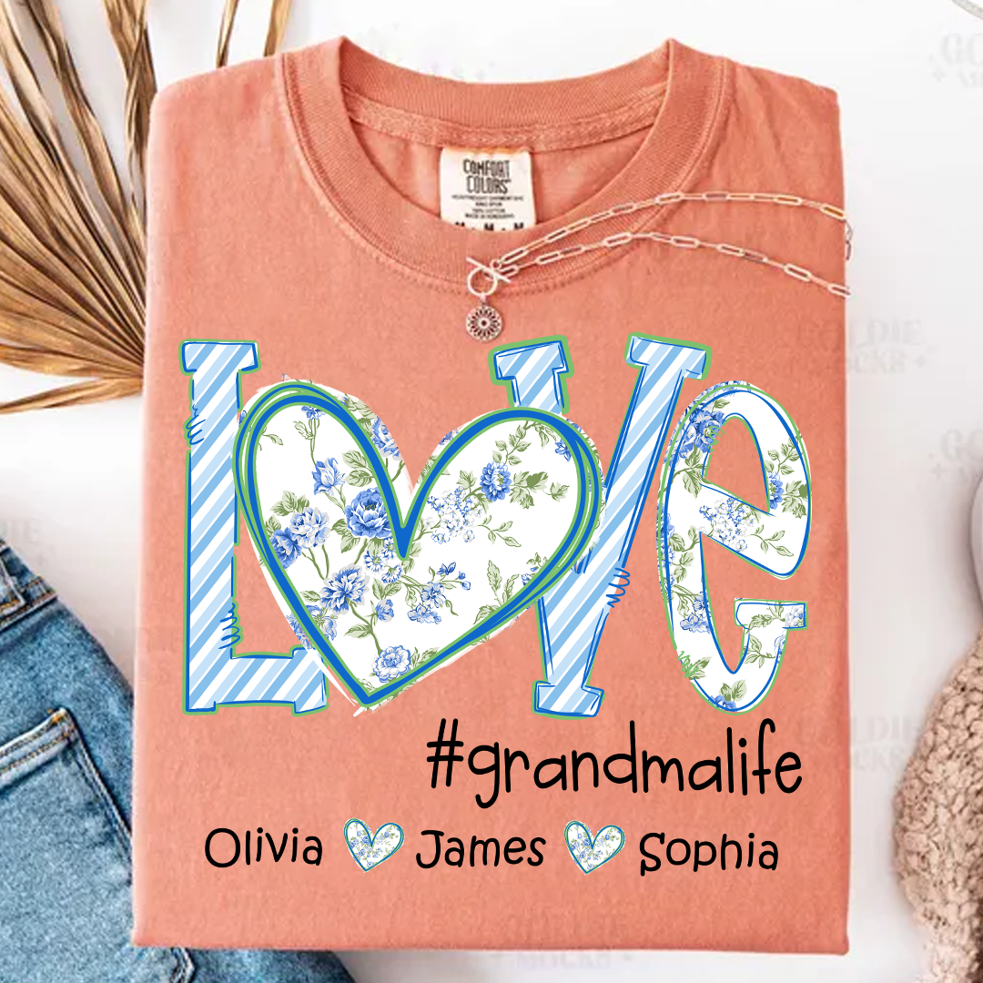 Love grandmalife Personalized Grandma Shirt - Floral Print Comfort Colors Tee - Custom Grandmother Gift with Grandkids' Names