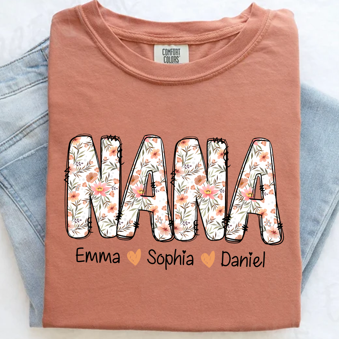 Comfort Colors® Nana Flower 2025 Shirt, Custom Grandma And Grandkids Shirt