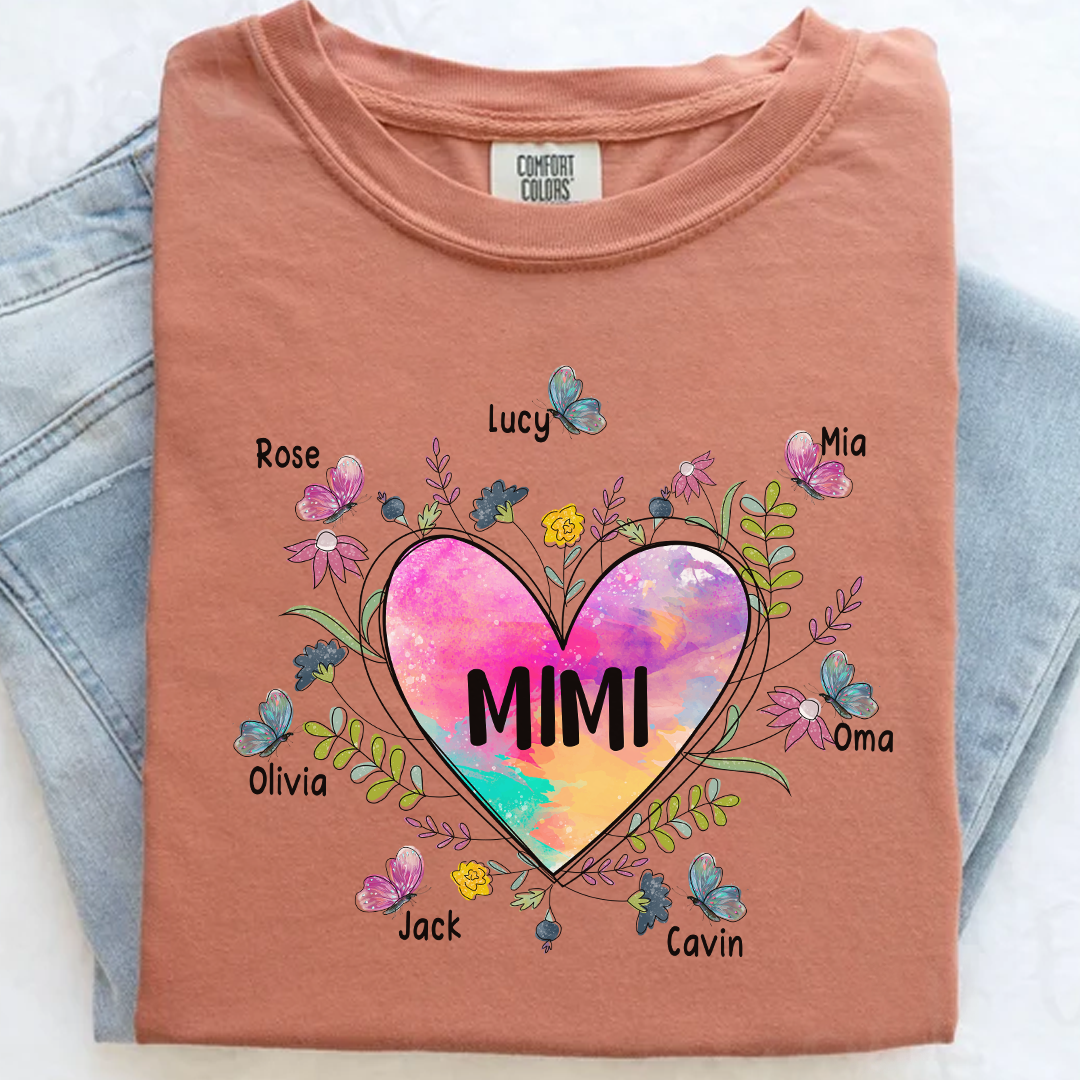 Comfort Colors® Personalize Mimi Flower Heart Shirt, Custom Grandma And Grandkids Shirt, Gifts For Grandma Shirt