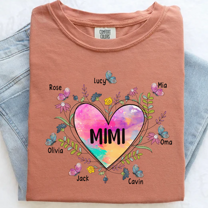 Comfort Colors® Personalize Mimi Flower Heart Shirt, Custom Grandma And Grandkids Shirt, Gifts For Grandma Shirt