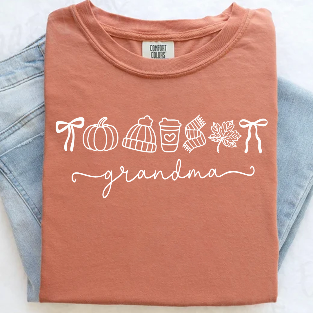 Comfort Colors® Personalized Grandma Fall T-Shirt, Pumpkin Coffee Autumn Leaves Shirt, Custom Grandma Name Thanksgiving Gift, Custom Family Names Gift for Grandma