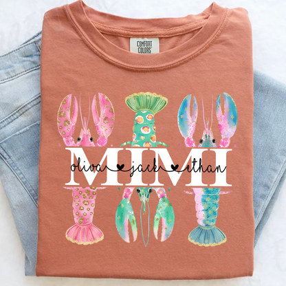 Comfort Colors Custom Mimi Lobster Shirt with Grandkids Names, Personalized Grandma Beach Summer T-Shirt Gift for Grandma