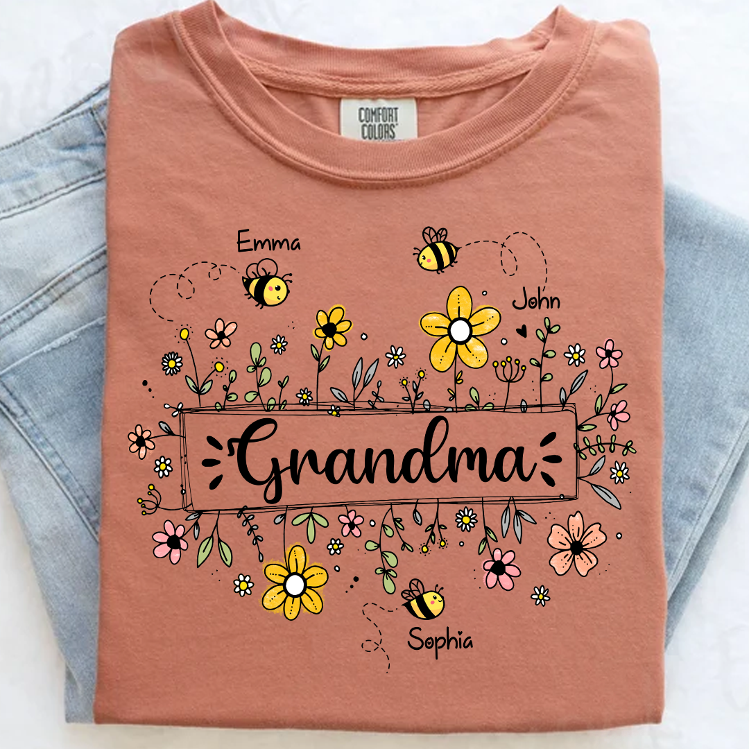 Personalized Grandma Flower Bee And Grandkids Custom Names Mother's Day Comfort Colors® T-Shirt