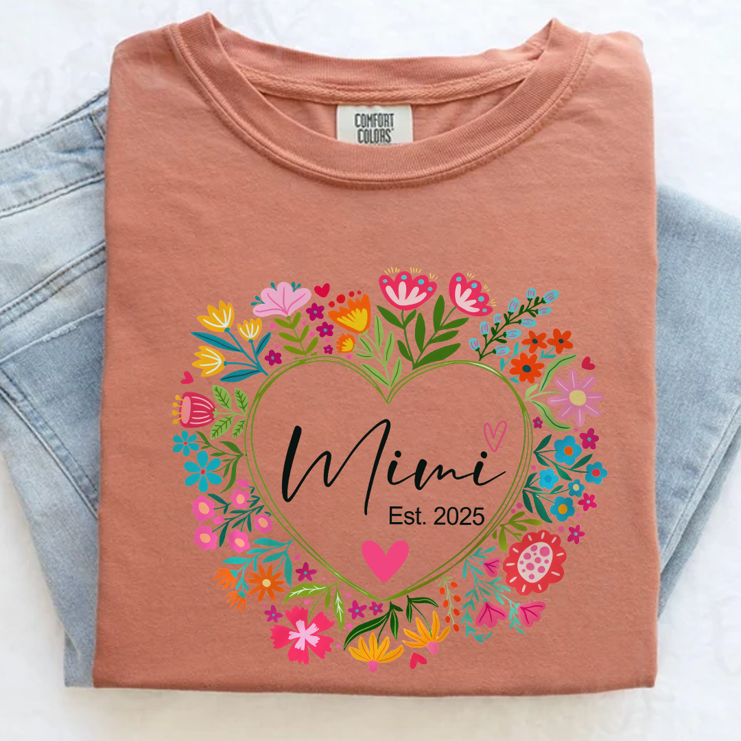 Comfort Colors® Mimi Heart Flower Est T-Shirt, Custom Grandma With Grandkids Shirt