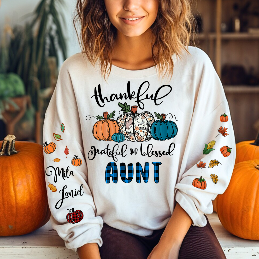 Pumpkin Thankful Grateful and Blessed Grandma with Kids Name on sleeve