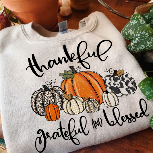 Pumpkin Thankful Grateful and Blessed Grandma with Kids Name on sleeve