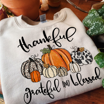 Pumpkin Thankful Grateful and Blessed Grandma with Kids Name on sleeve