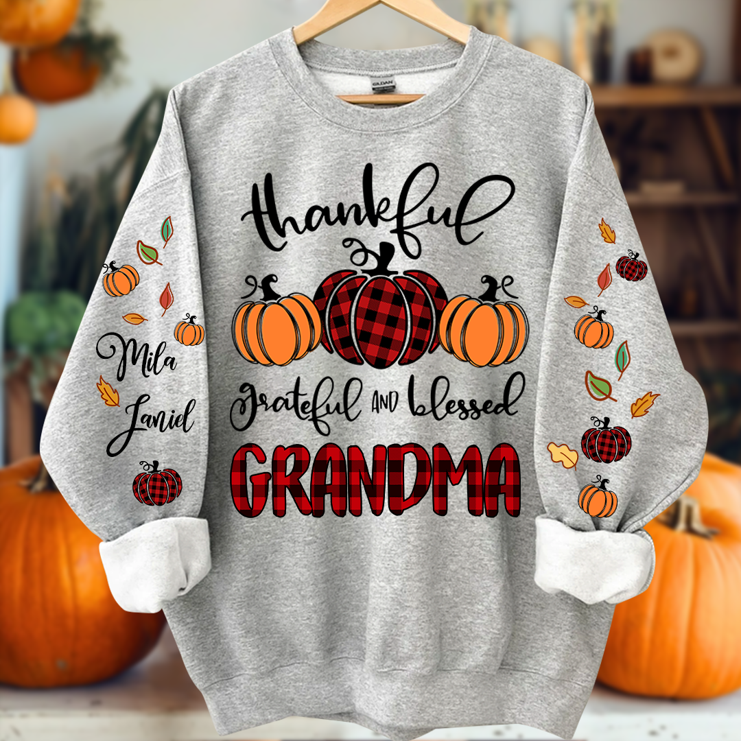 Pumpkin Thankful Grateful and Blessed Grandma with Kids Name on sleeve