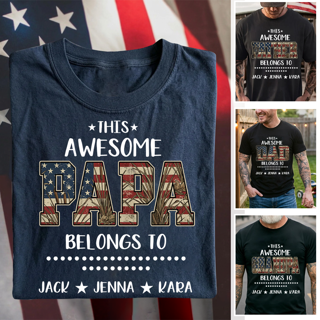 This Awesome Papa Belong To Grandkids Custom Name, American Flag Camo, Dad Papa Grandpa Father’s Day Gift T-shirt