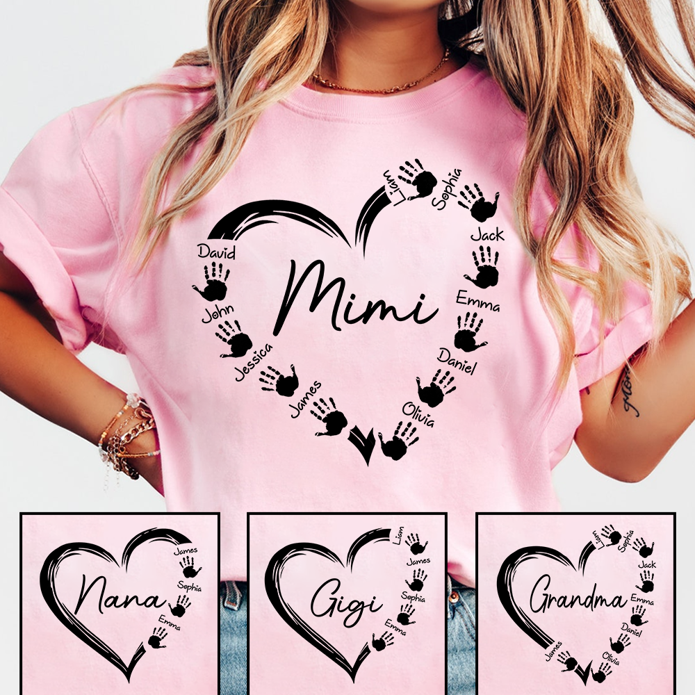 Personalized Mimi Shirt with Grandkids Names, Custom Handprint Heart Mimi T-Shirt for Grandma