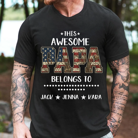 This Awesome Papa Belong To Grandkids Custom Name, American Flag Camo, Dad Papa Grandpa Father’s Day Gift T-shirt