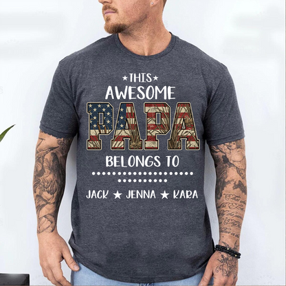 This Awesome Papa Belong To Grandkids Custom Name, American Flag Camo, Dad Papa Grandpa Father’s Day Gift T-shirt