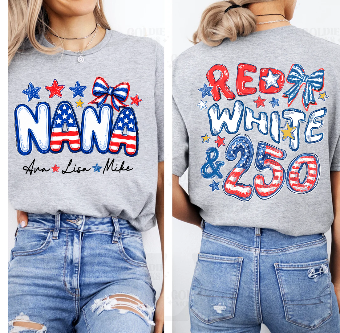 Personalize Nana And Grandkids Names, Celebrate 250 Years of Freedom Shirt