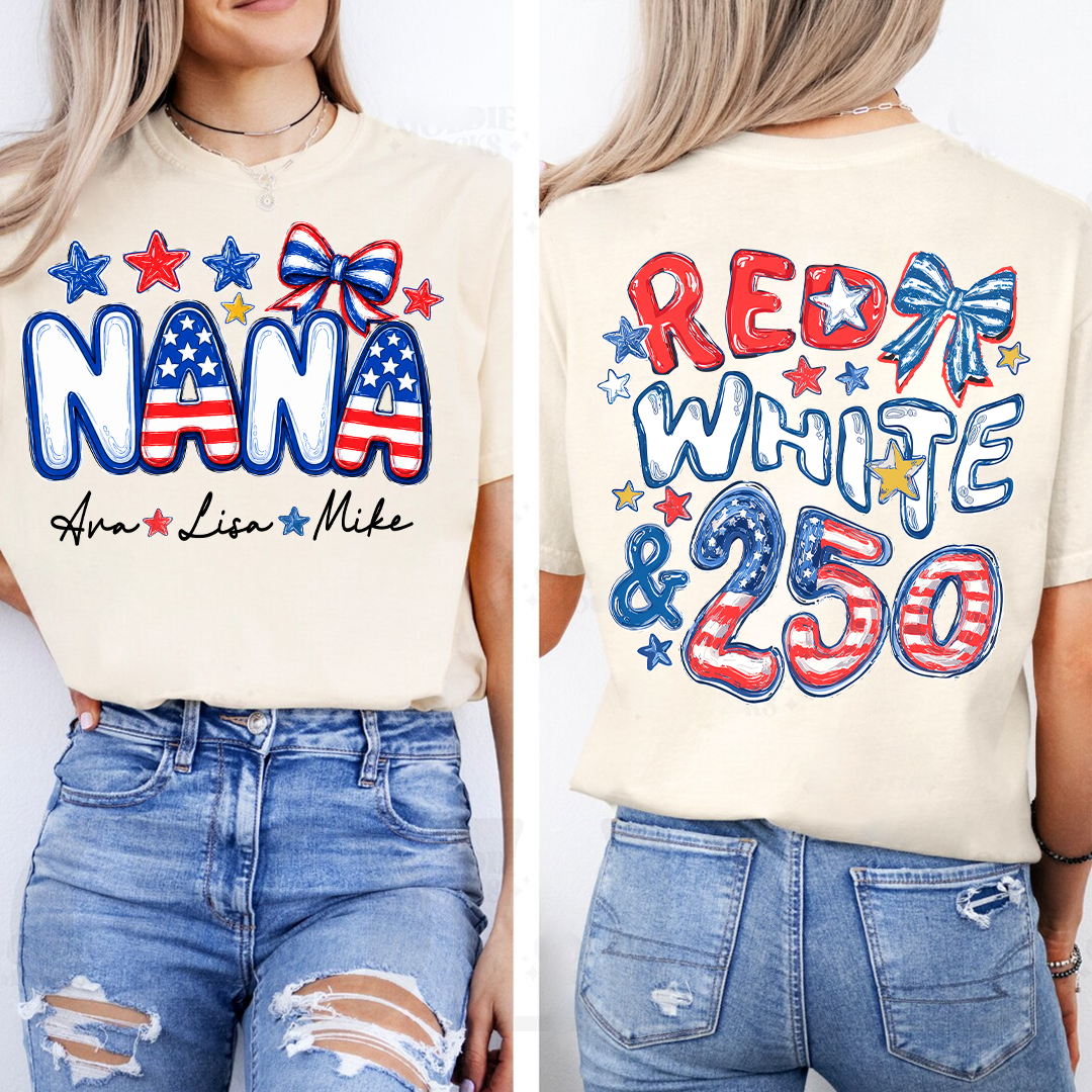 Personalize Nana And Grandkids Names, Celebrate 250 Years of Freedom Shirt
