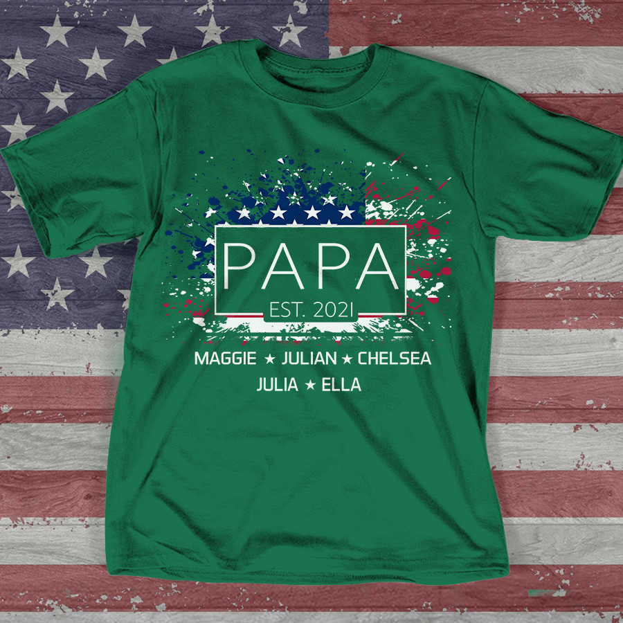 Personalized Papa Est T-shirt, Custom Papa with Grandkids US Flag American Independence Day T-Shirt, Custom Father's Day Shirt