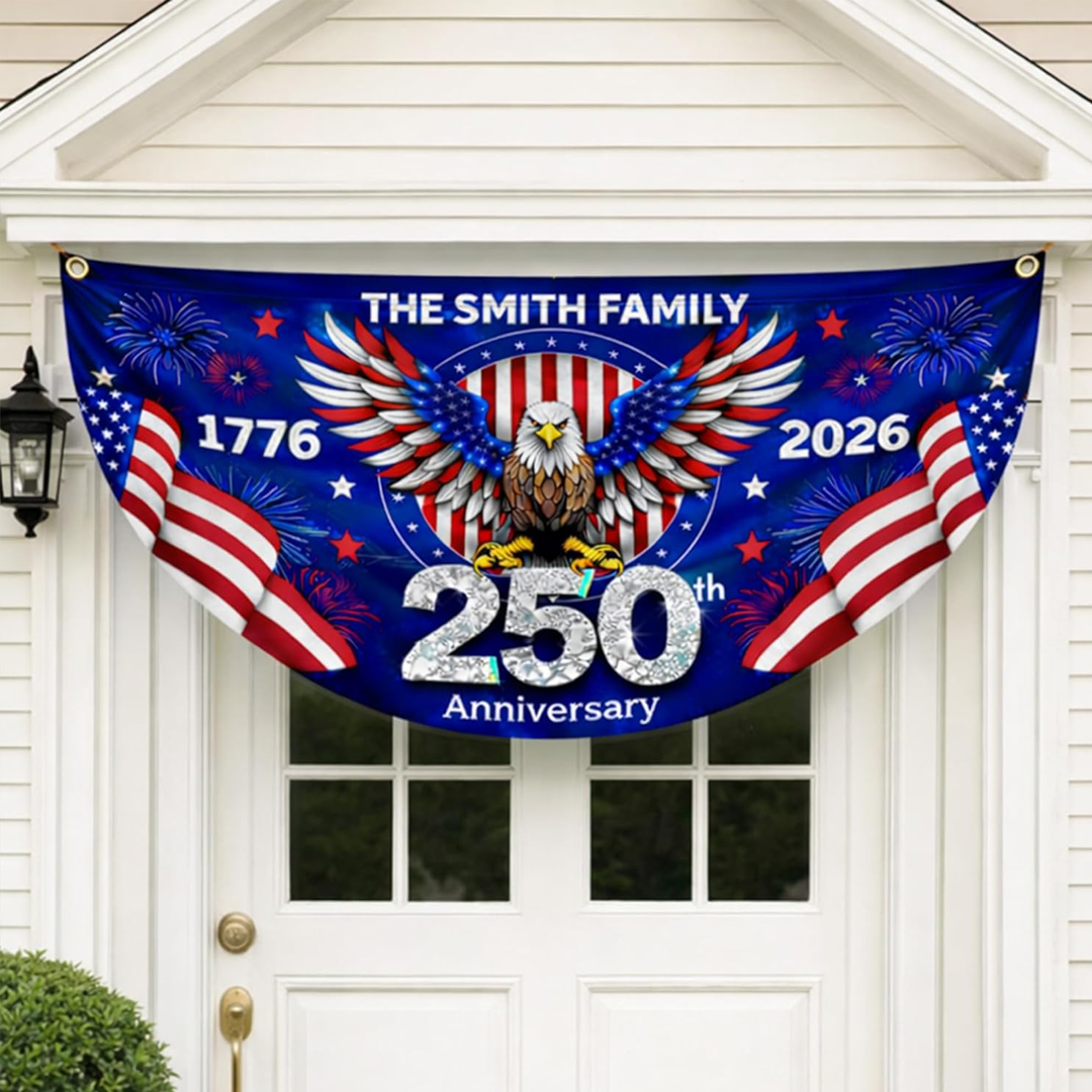 250th Anniversary Flag Custom Family Name, 4th of July Decor, Patriotic Bunting Outdoor, Front Door, Porch