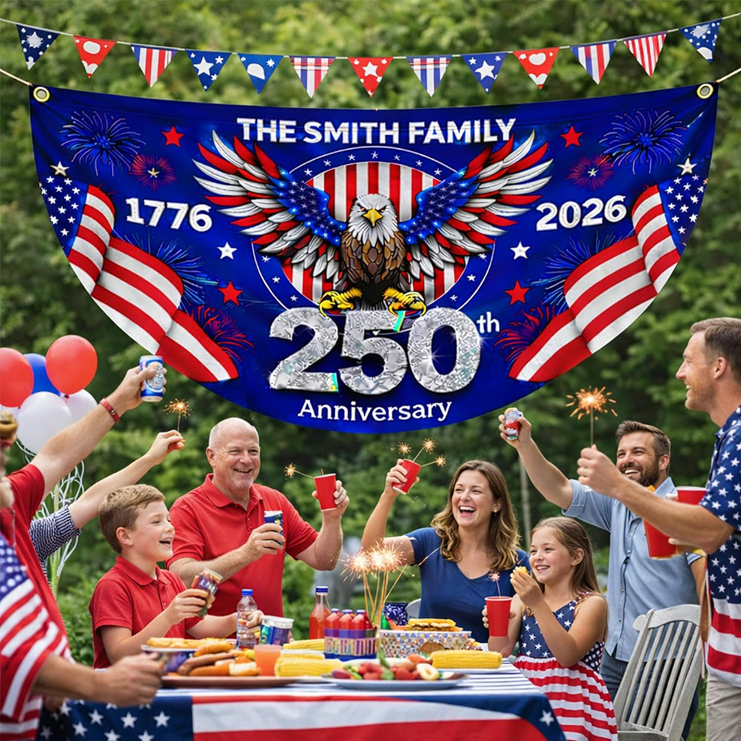 USA Semiquincentennial Flag Custom Family Name Decor, 1776-2026 Patriotic Bunting Outdoor Decor Banner 250 Years Of Freedom