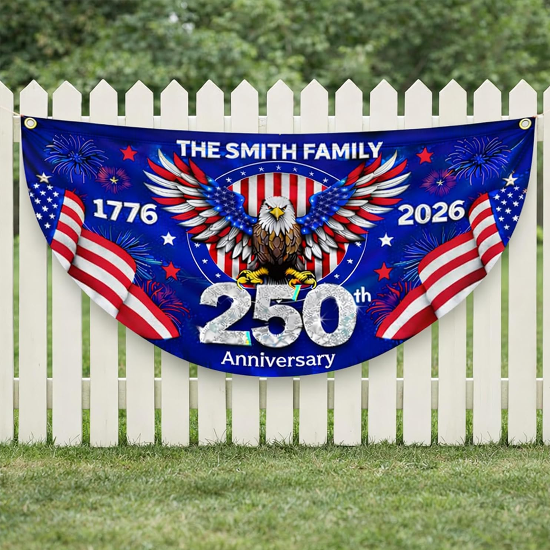 250th Anniversary Flag Custom Family Name, 4th of July Decor, Patriotic Bunting Outdoor, Front Door, Porch