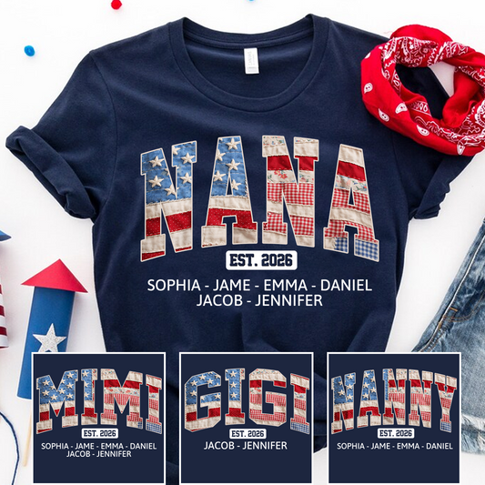 US Flag 4th July Personalized Nana and Grandkids T-shirt