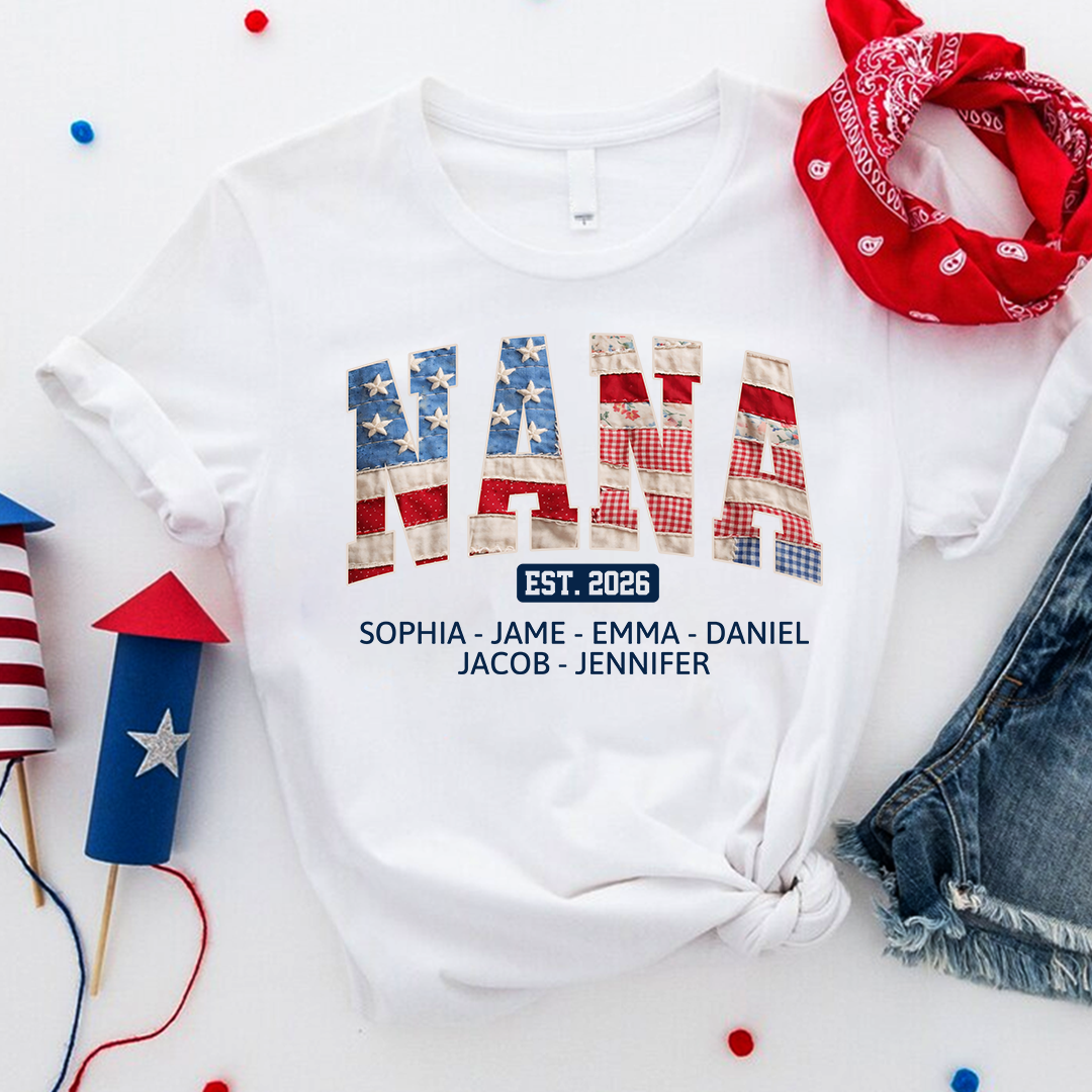 US Flag 4th July Personalized Nana and Grandkids T-shirt