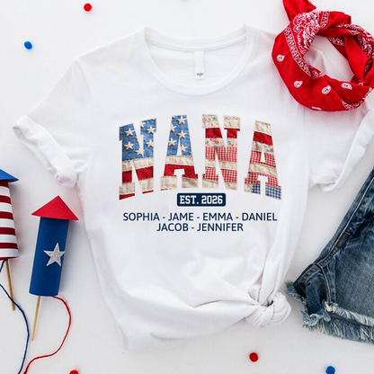 US Flag 4th July Personalized Nana and Grandkids T-shirt