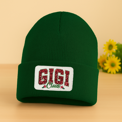 Personalized Gigi Claus Christmas Beanie, Custom Name Patch Knit Hat for Grandma, Holiday Gift for Gigi, Embroidered Winter Hat