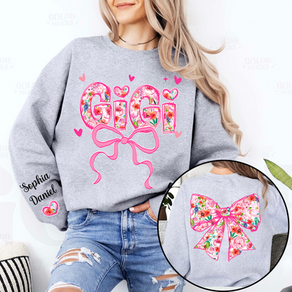 Valentine Gigi Pink Flower and Heart Personalized Gigi and Grandkids Sweatshirt