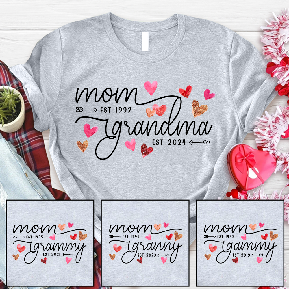 Custom Mom Grandma Est Heart Valentine With Kids T-Shirt