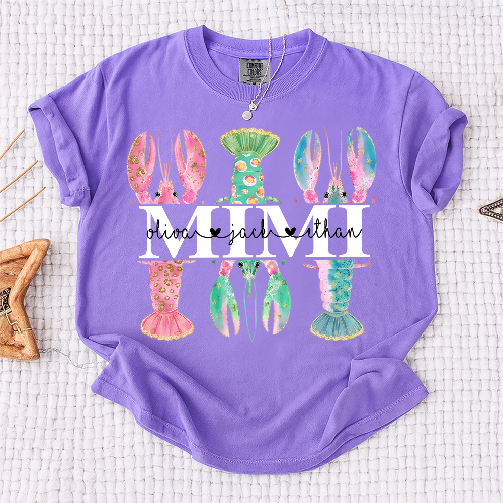 Comfort Colors Custom Mimi Lobster Shirt with Grandkids Names, Personalized Grandma Beach Summer T-Shirt Gift for Grandma