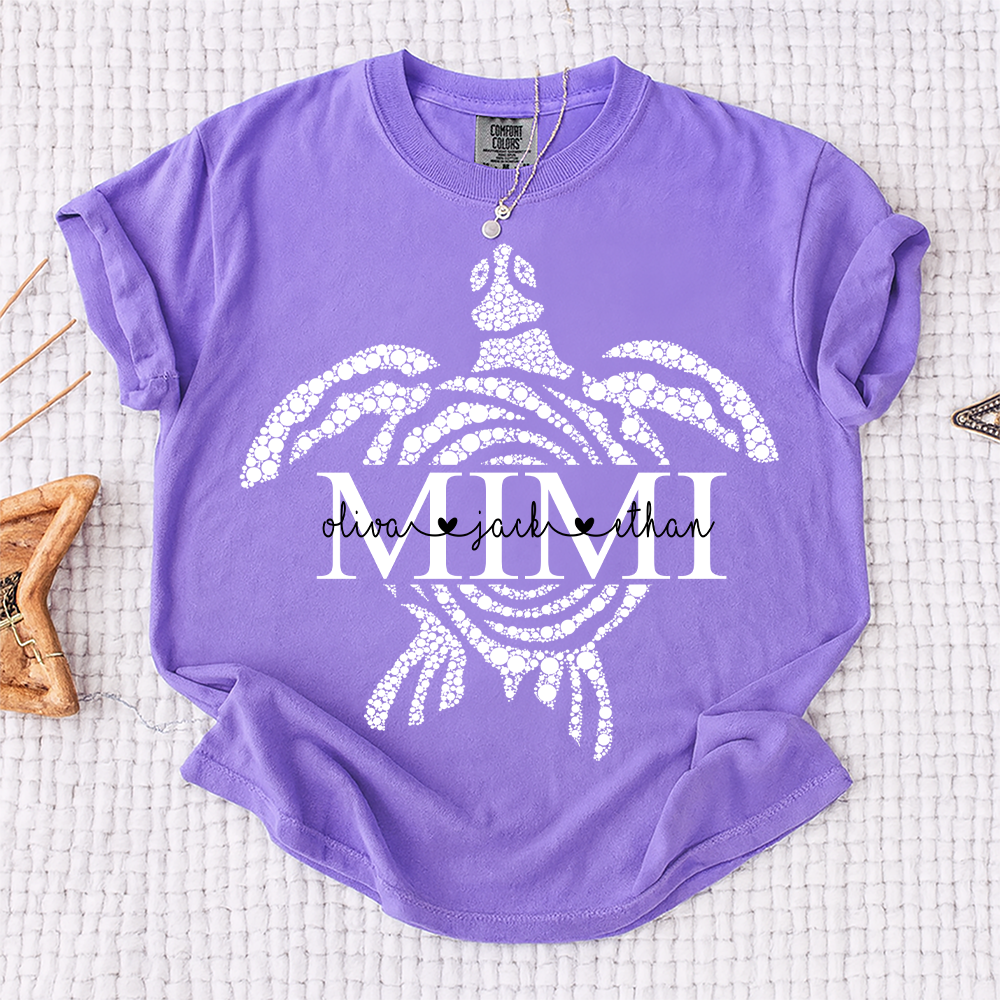 Comfort Colors® Personalized Mimi Mimi Sea Turtle Shirt, Custom Grandkids Names Beach Shirt,Custom Family Names Gift for Grandma