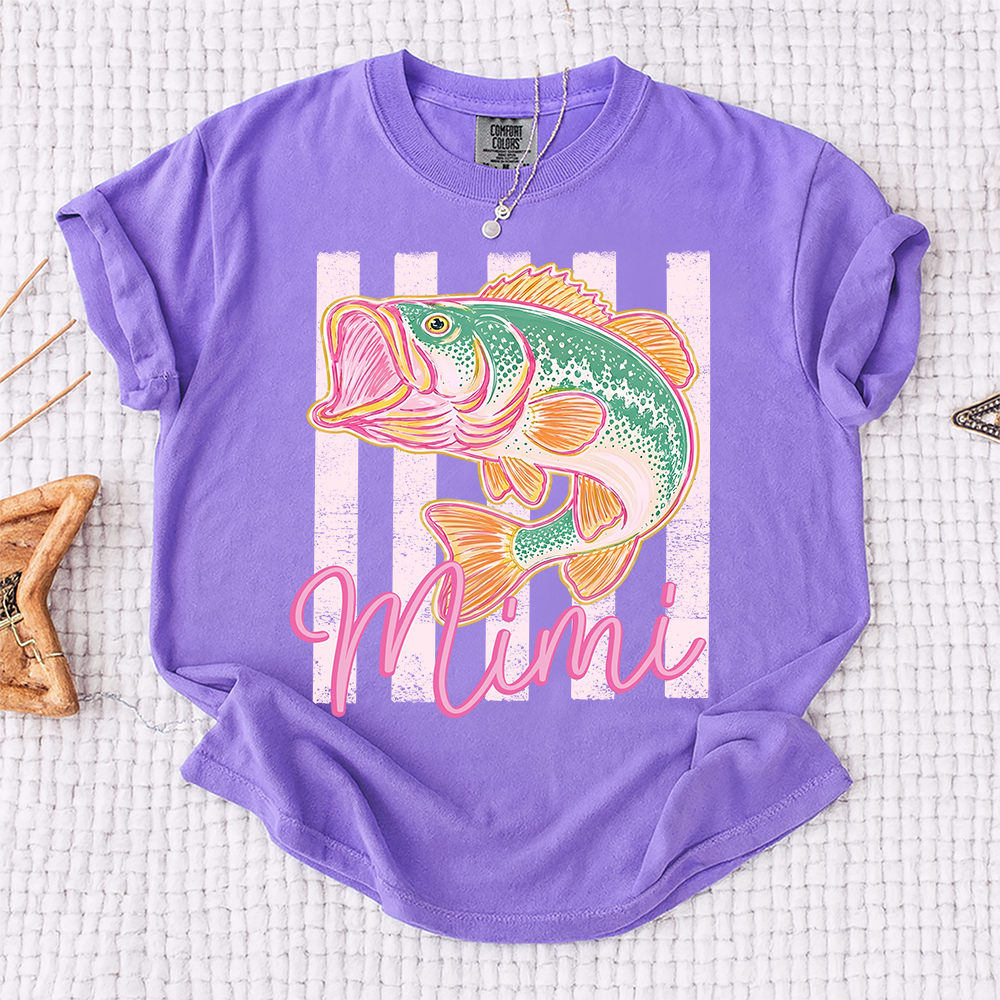 Comfort Colors® Personalized Mimi Fishing Preppy Summer T-Shirt – Trendy Colorful Fish Graphic Tee for Grandma, Beach Vacation, Summer Vibes, Grandma Birthday Shirt