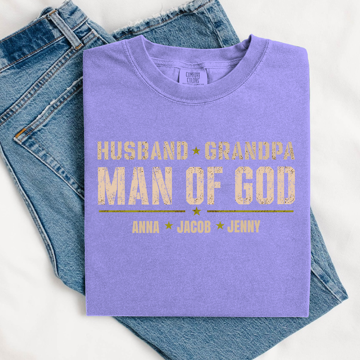 Comfort Colors® Personalized Husband Grandpa Man of God Shirt with Kids Names, Custom Family Nickname T-Shirt for Dad Fathers Day Birthday