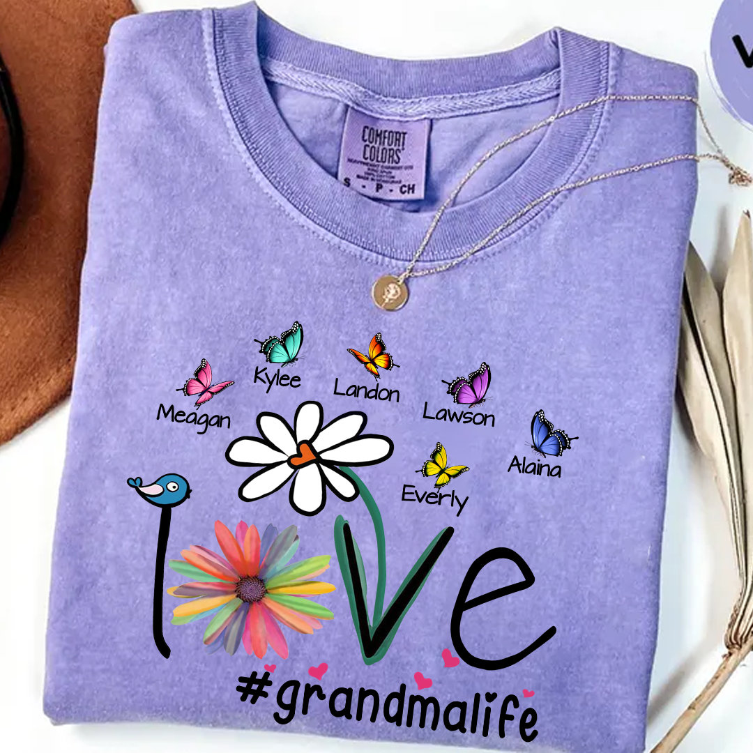Comfort Colors® Love Grandma Butterfly T-Shirt, Custom Grandma With Grandkids Shirt