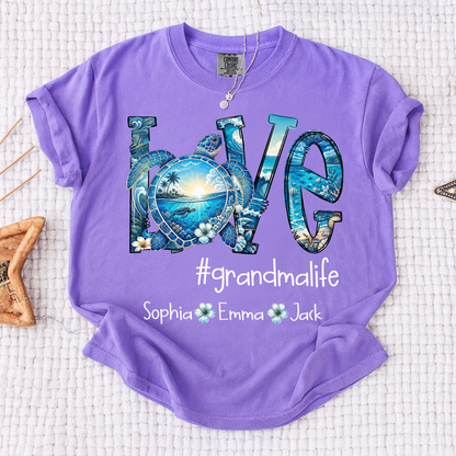 Comfort Colors® Personalized Love grandmalife Sea Turtle Shirt, Custom Family Names Gift for Grandma Shirt, Gift for Mimi Nana Gigi