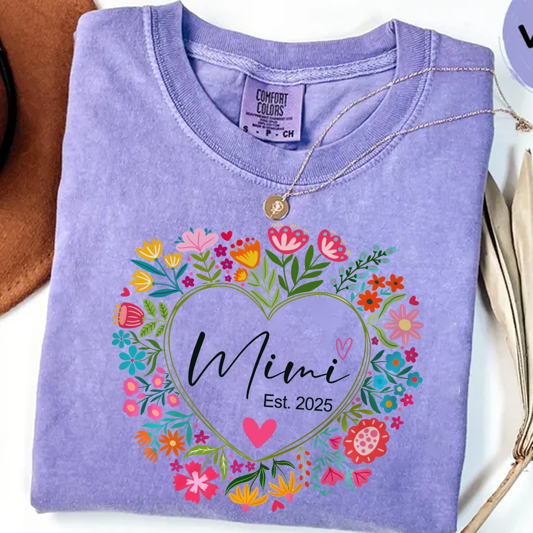Comfort Colors® Mimi Heart Flower Est T-Shirt, Custom Grandma With Grandkids Shirt