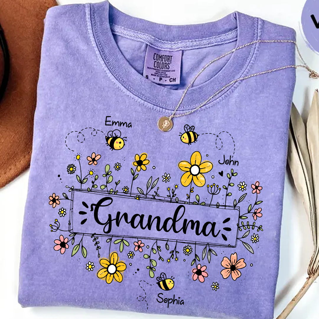 Personalized Grandma Flower Bee And Grandkids Custom Names Mother's Day Comfort Colors® T-Shirt