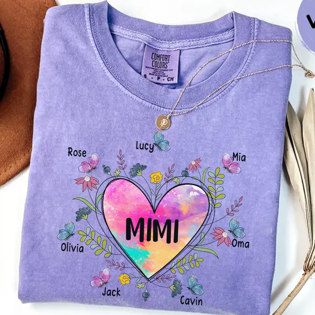 Comfort Colors® Personalize Mimi Flower Heart Shirt, Custom Grandma And Grandkids Shirt, Gifts For Grandma Shirt