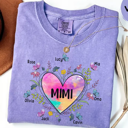 Comfort Colors® Personalize Mimi Flower Heart Shirt, Custom Grandma And Grandkids Shirt, Gifts For Grandma Shirt