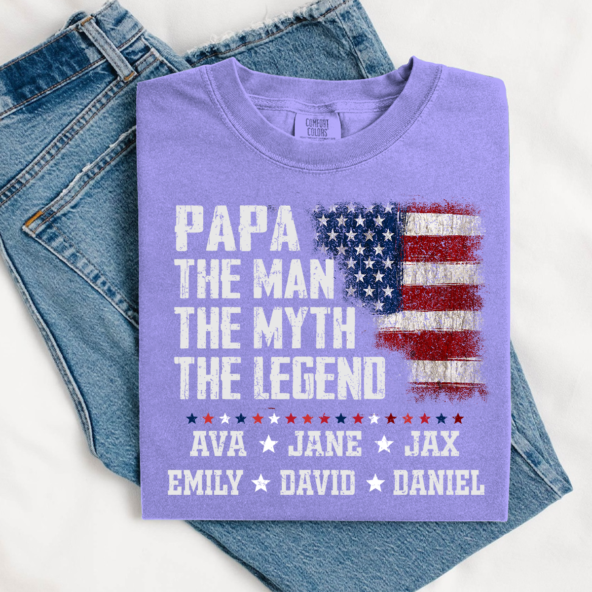 Papa The Man The Myth The Legend Shirt - Custom Comfort Colors Tee with Grandkids Names - Father's Day Gift
