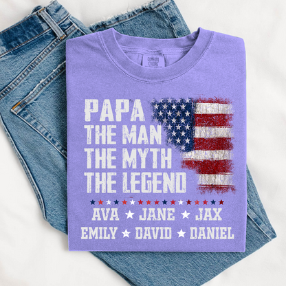 Papa The Man The Myth The Legend Shirt - Custom Comfort Colors Tee with Grandkids Names - Father's Day Gift