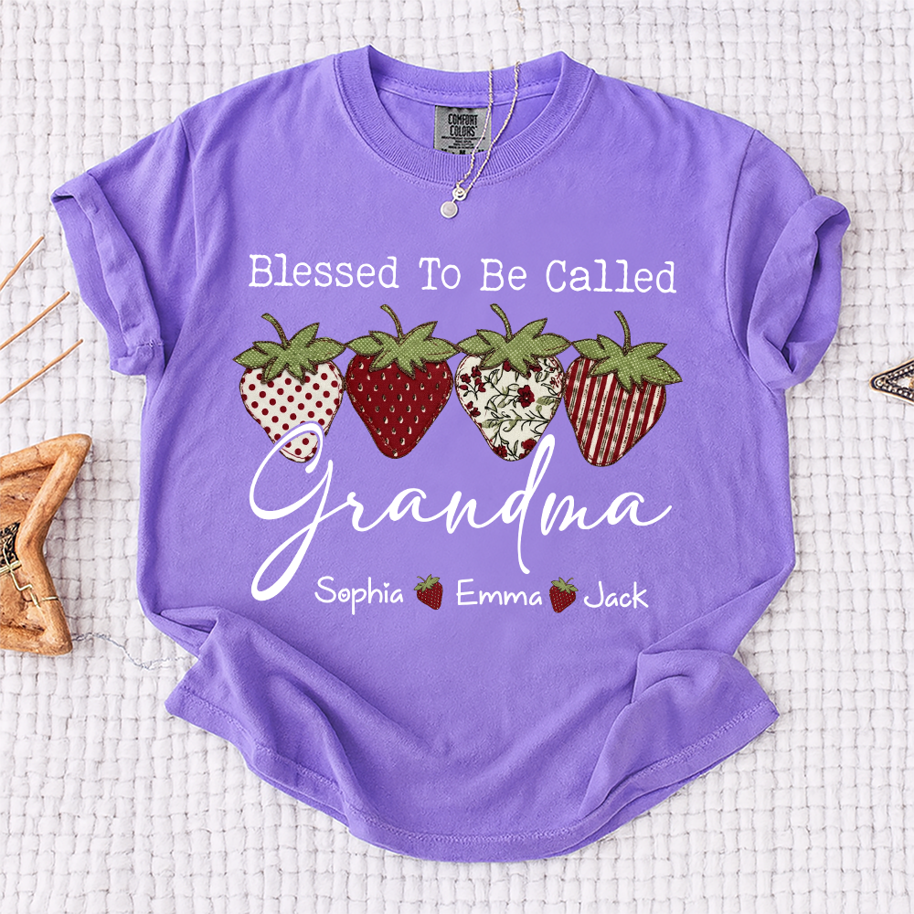 Comfort Colors® Personalized Blessed To Be Called Grandma, Custom Grandkids Names T-Shirt, Strawberry Patchwork Gift T-Shirt