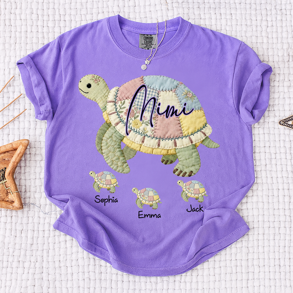 Comfort Colors® Personalized Mimi Patchwork Turtle, Custom Grandkids Names Shirt, Grandma Turtle Family Shirt, Birthday Gift for Mimi Nana Gigi, Mothers Day Shirt